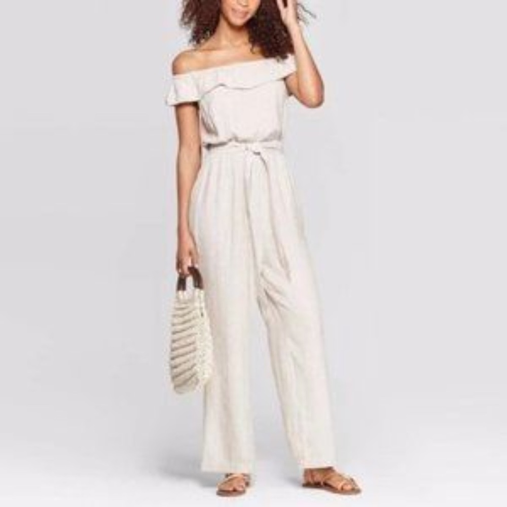 Universal Threads Tan Striped Jumpsuit with Ruffle Detail